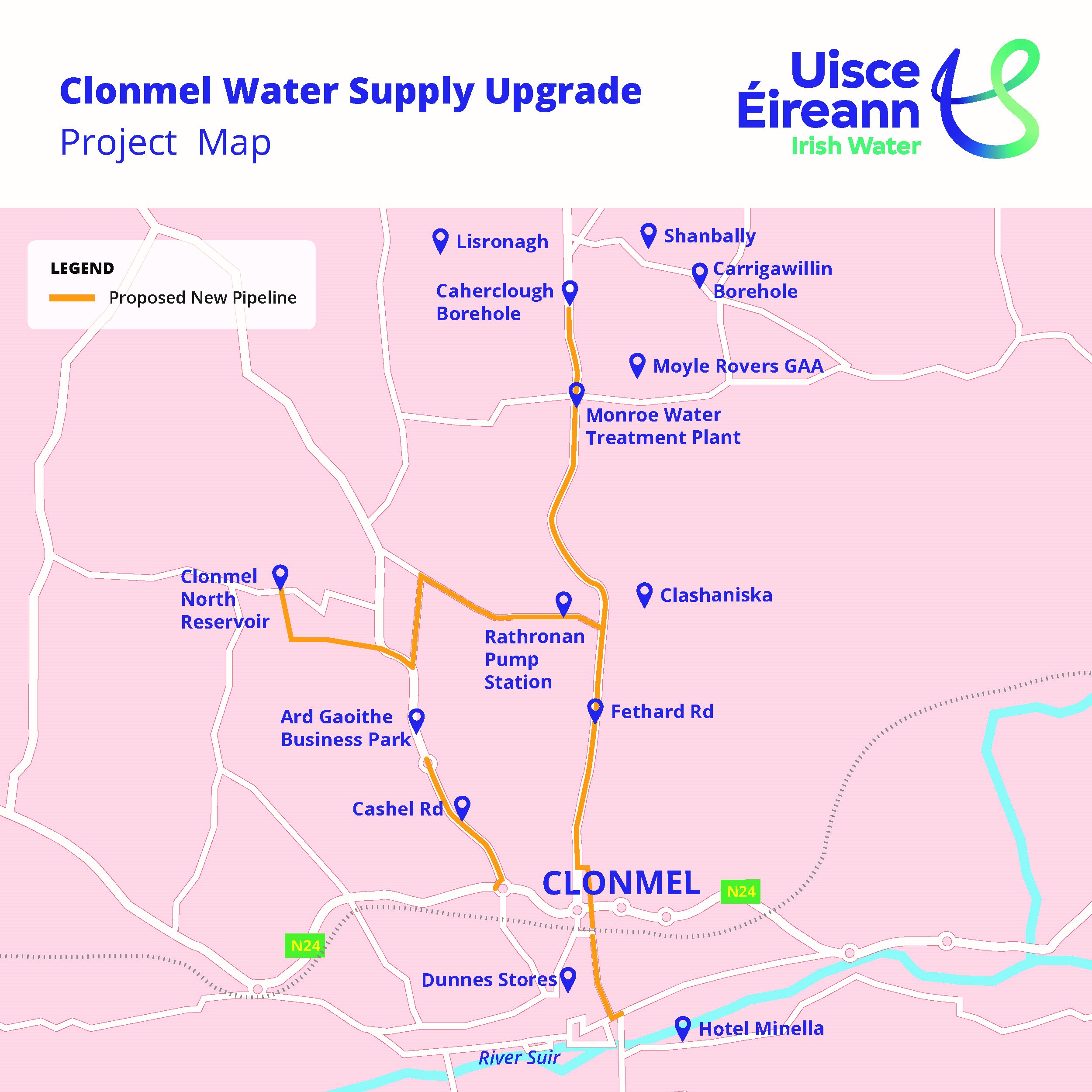 Clonmel Water Supply Upgrade Works Location Map.