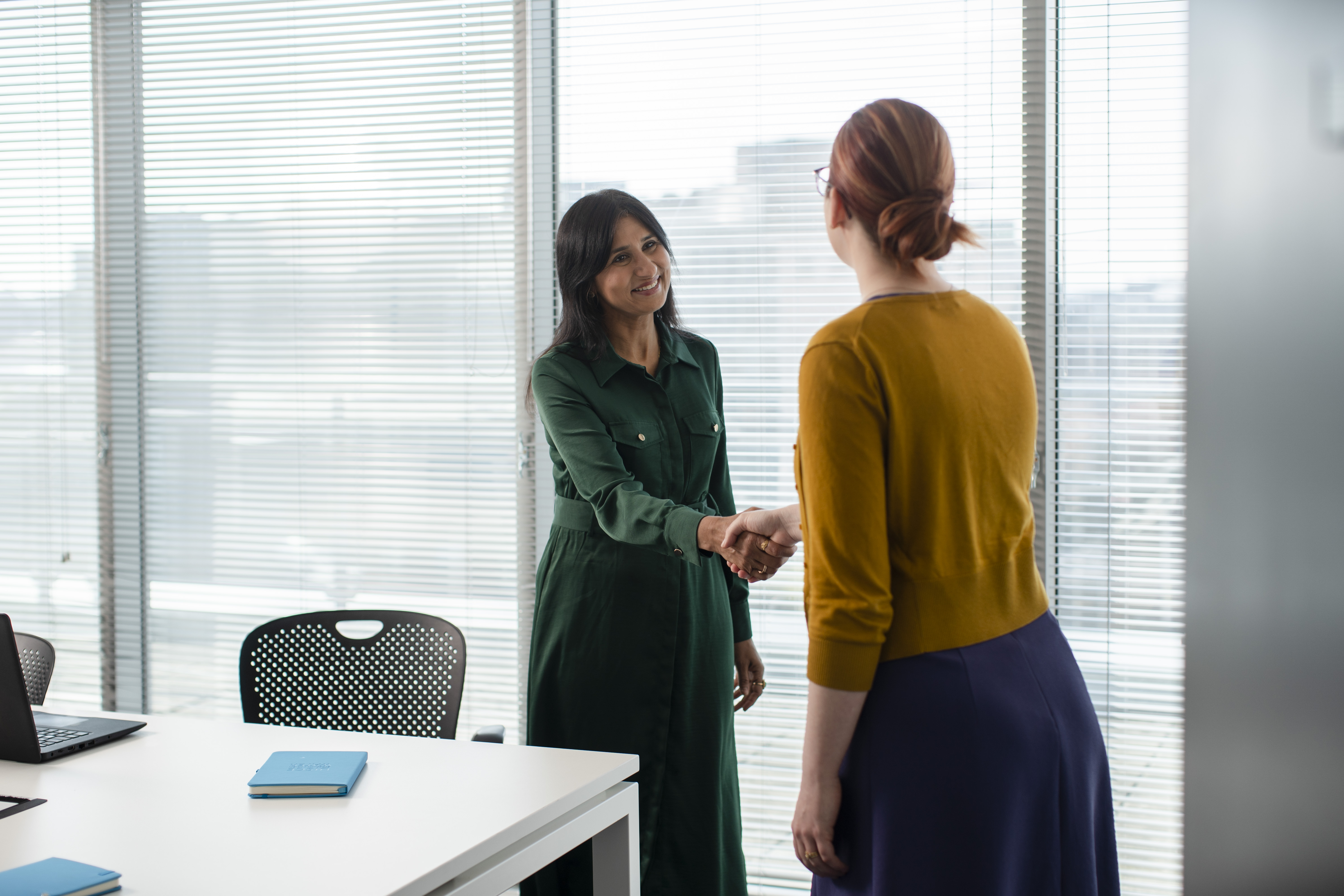 Two office workers shaking hands