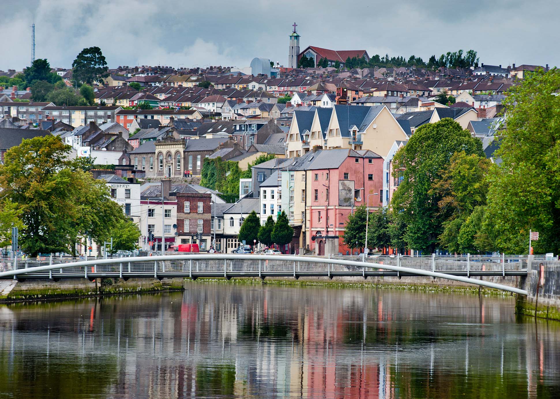 A bridge over a river in a city