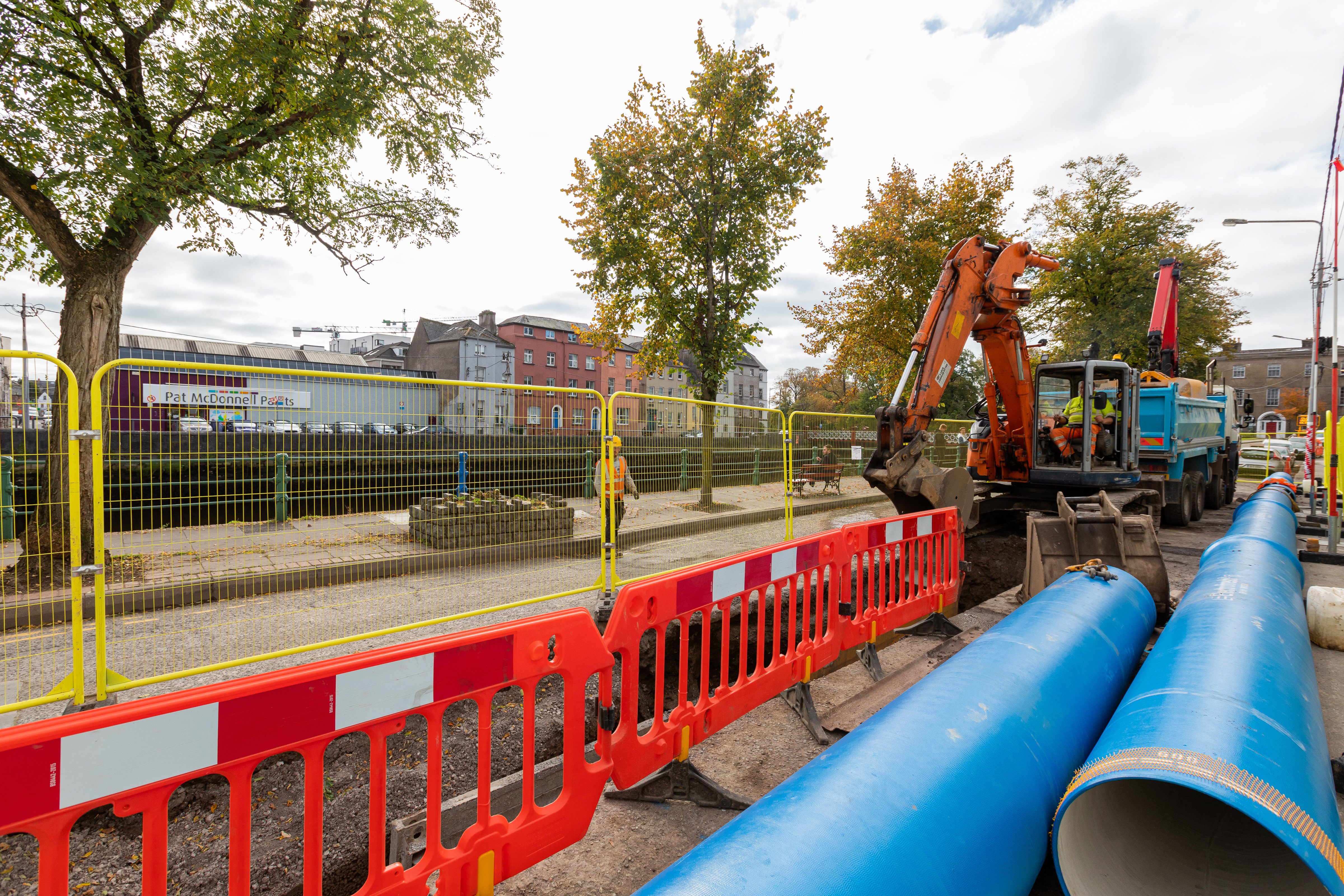 Large blue pipes on a roadworks site in Cork