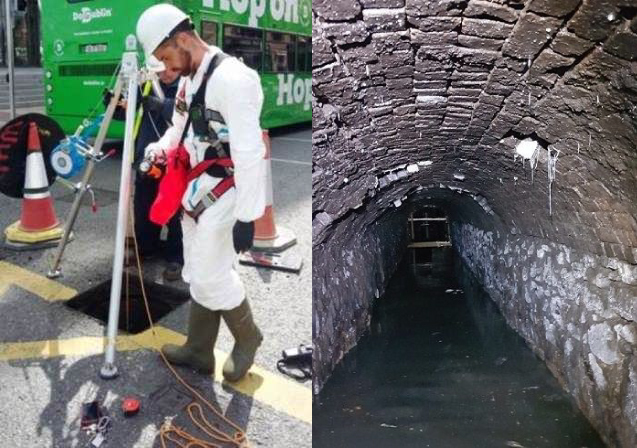 A photo of an Uisce Éireann worker in all white standing above a hole in the ground beside a photo of the inside of a sewage system 