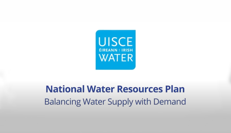 uiscue eireann Irish water national water resources plan balancing water supply with demand inside a blue square with a white background 