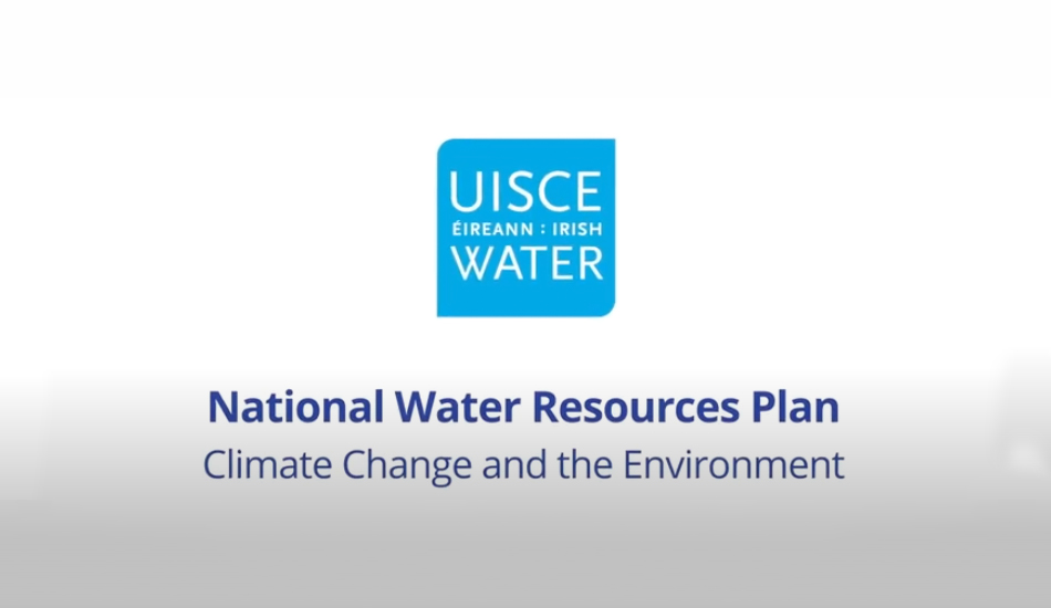 uisce eireann. Irish water national water resources plan climate change and the environment inside a blue square with a white background 