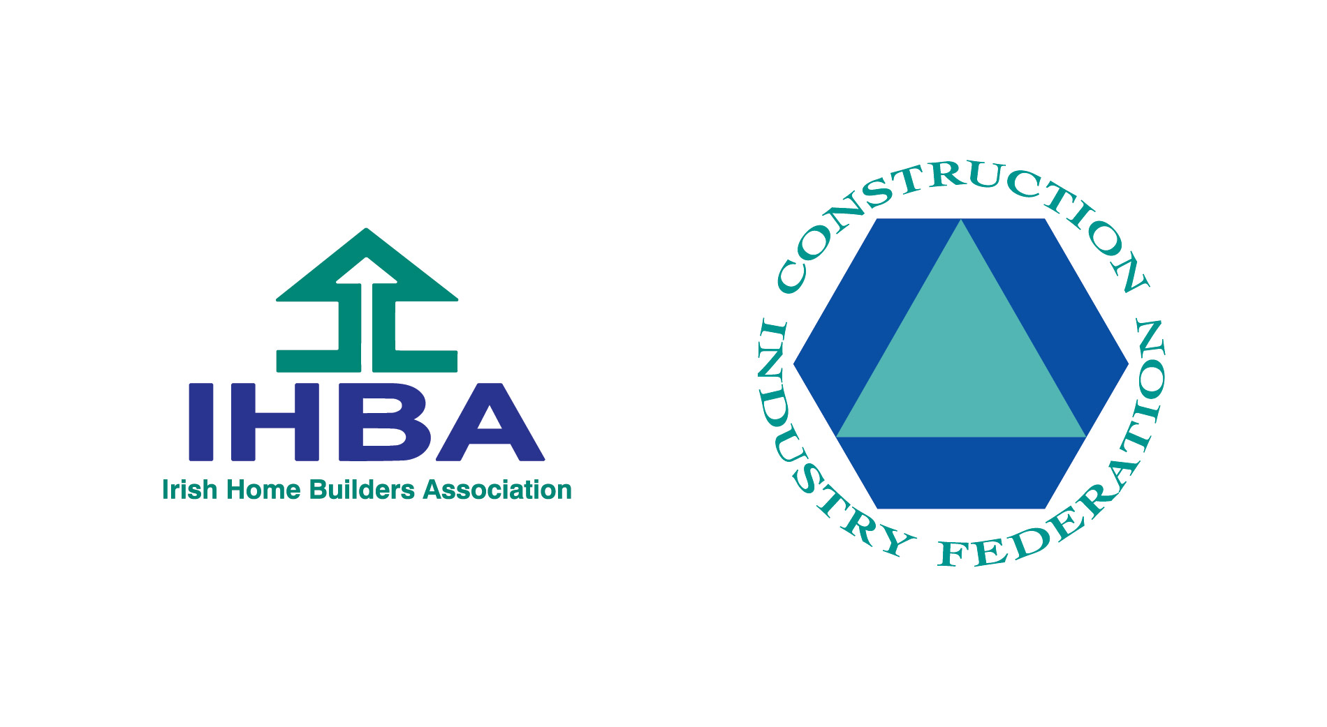 IHBA Irish home builders association in a green and blue text with a green arrow pointing up  construction industry federation which is written around a blue hexagon with a green triangle inside 