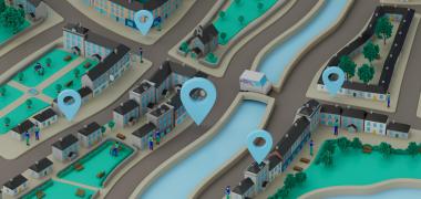 3D render of a city with UÉ blue location pins placed on roads